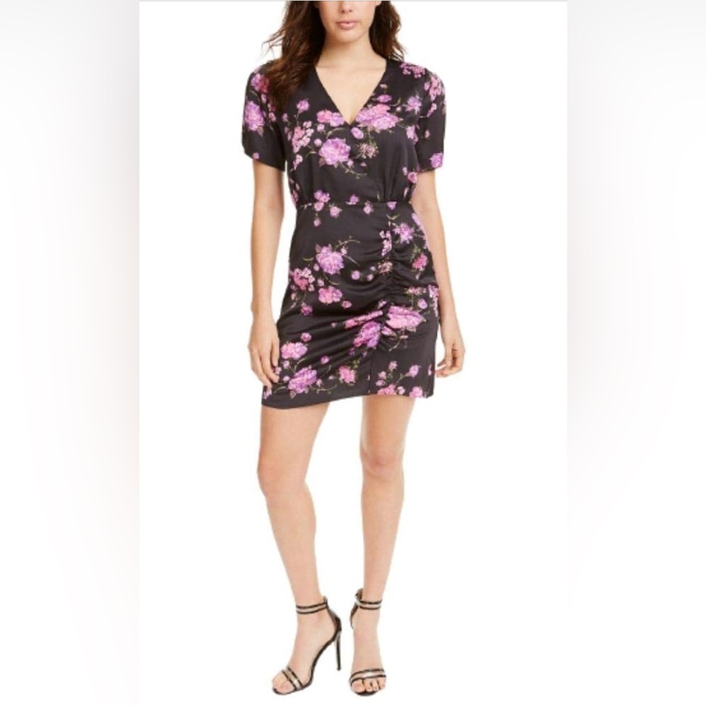 NWT Leyden Floral Print Surplice Ruched Short Sleeved Dress - Size XS - Black